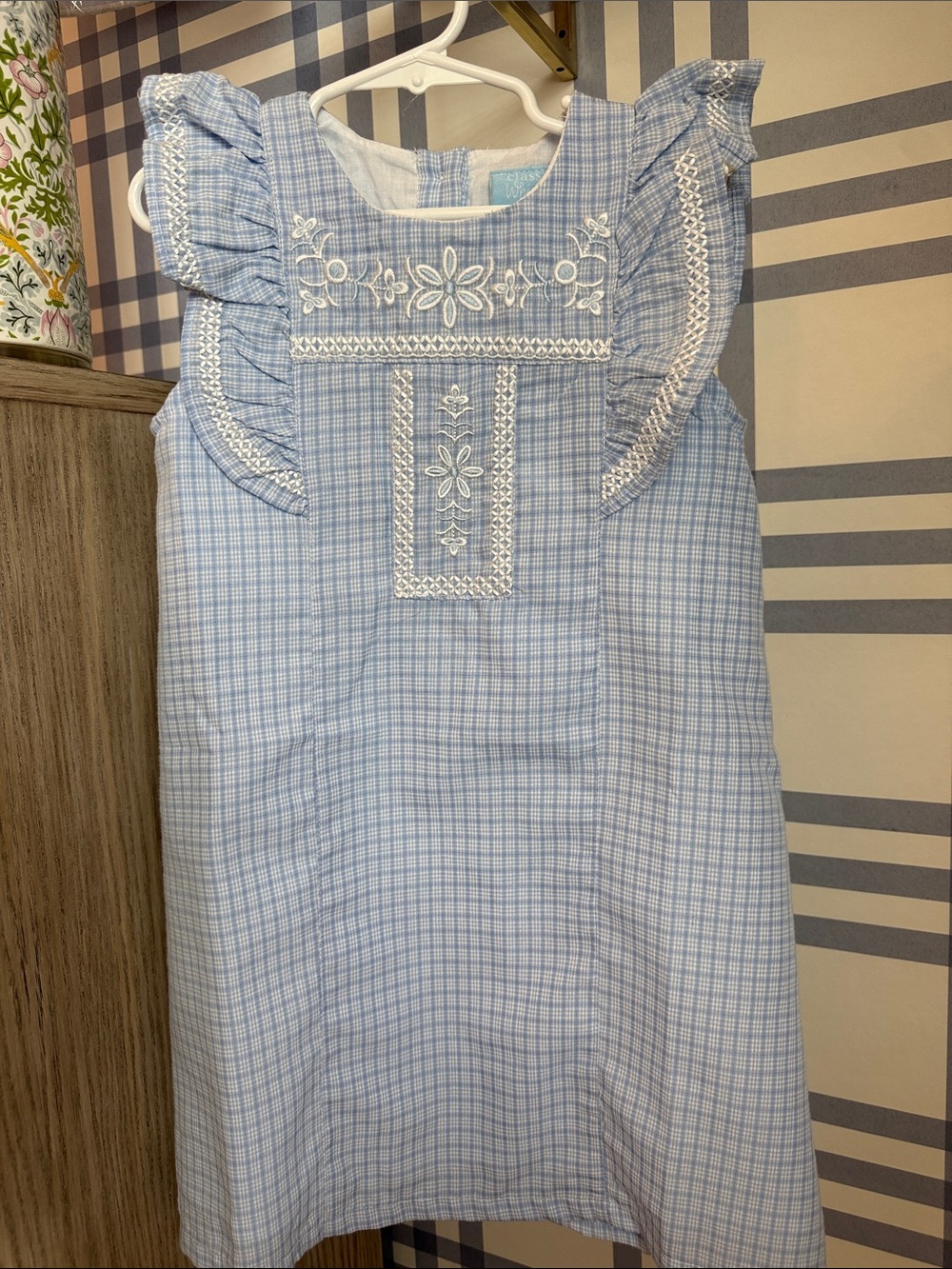 Light Blue Checked Embroidered Ruffle-Sleeve Kids Dress - 5